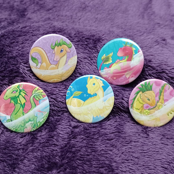 Juice Drink Dragons set 1 - Medium (1.45in) Button Pins - set of 5